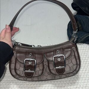 Coach Brown Signature Shoulder Bag with Silver Buckles